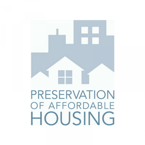 two tier outlined of buildings in grey and white with the words "preservation of affordable housing" written in three lines